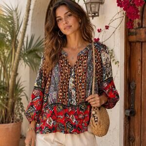 Fig & Flower Women M Boho Fall Tunic Blouse Paisley Floral 3/4 Sleeve Artsy